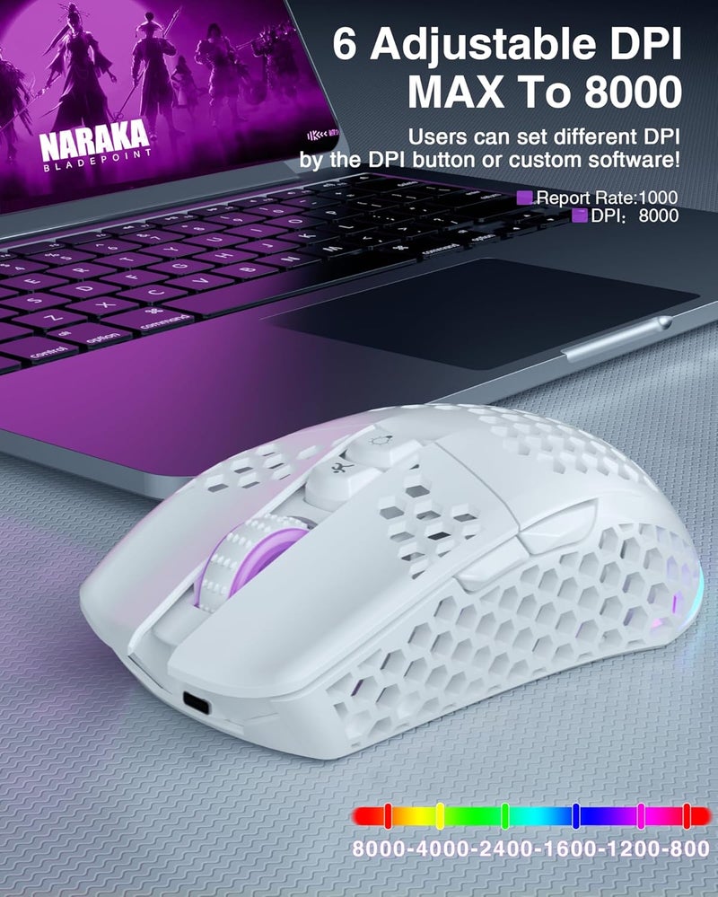 SOLAKAKA SM600 White Wireless Gaming Mouse,Tri-Modes BT5.1/Type-C Wired/2.4G Wireless Mouse with 2 Side Buttons, Programmable Macro Gamer Mouse with RGB Light for Laptop/PC/Mac - Image 5